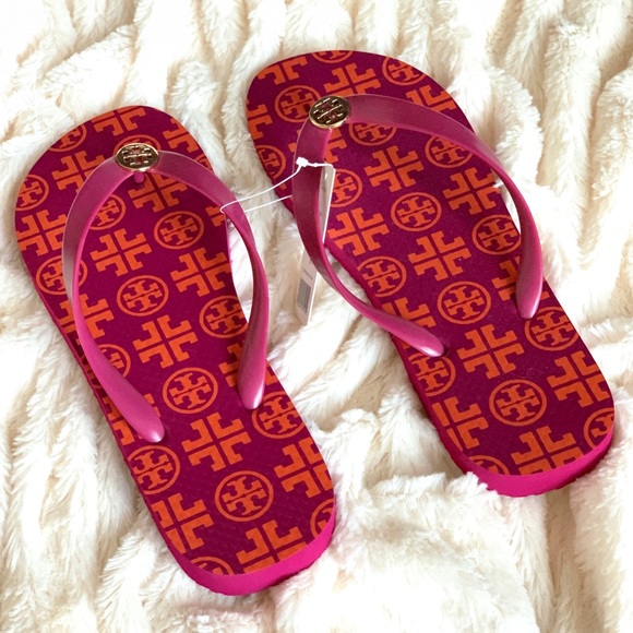 New! Tory Burch Flip flops Sz 8 Red Orange - Picture 2 of 6